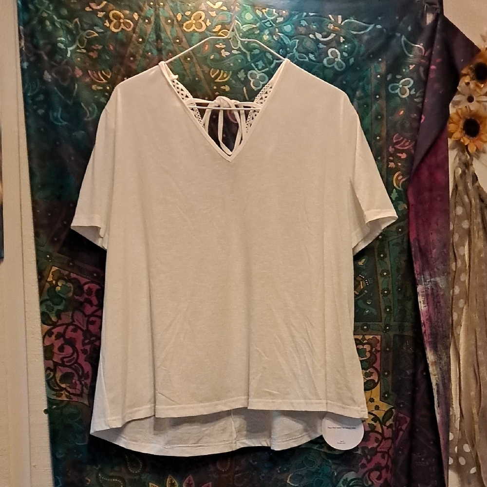 White Lace-Trimmed V-Neck Top